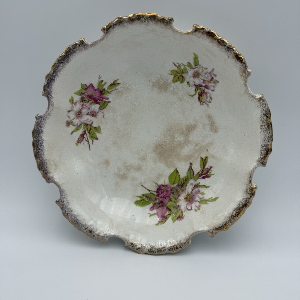 Vintage Dresden China‎ Thistle Floral Transferware Serving Bowl Dish Stain Decor